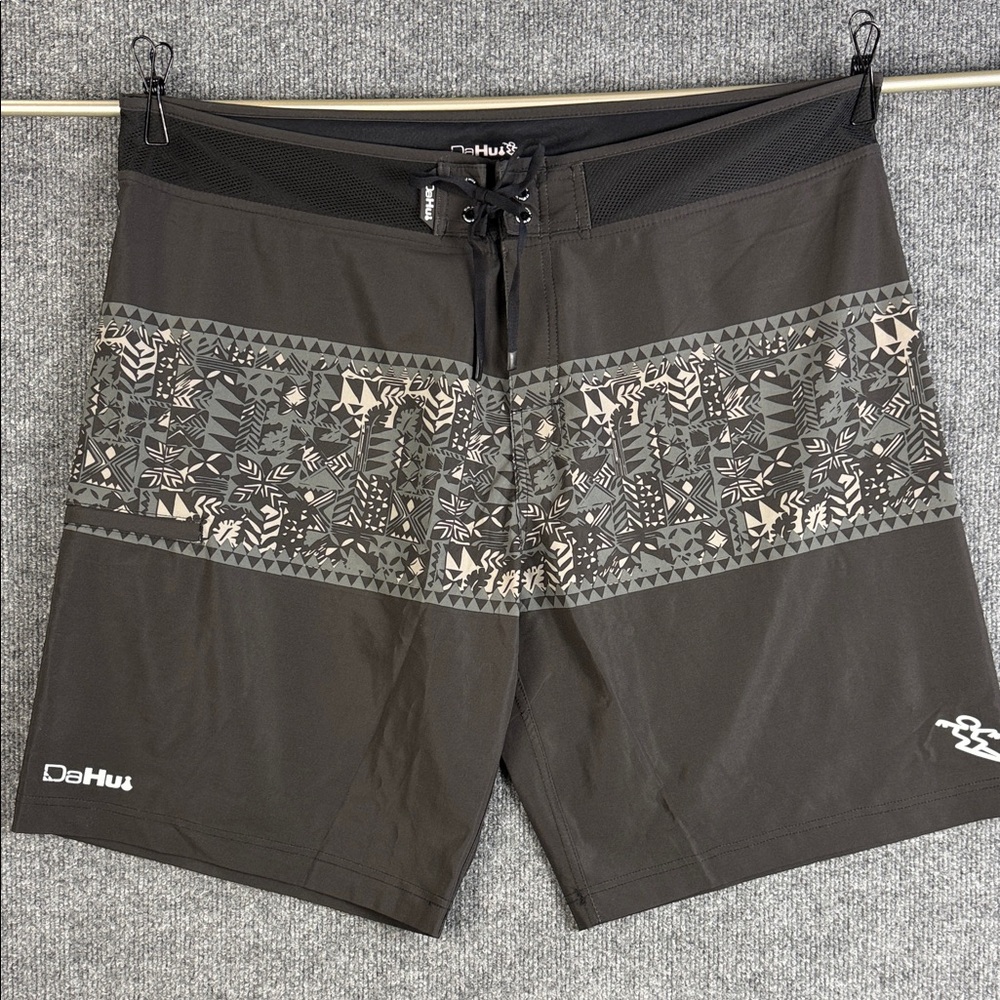 Da Hui Board Shorts Mens 40 Gray Geometric Surf Swim Trunks Stretch Hawaiian